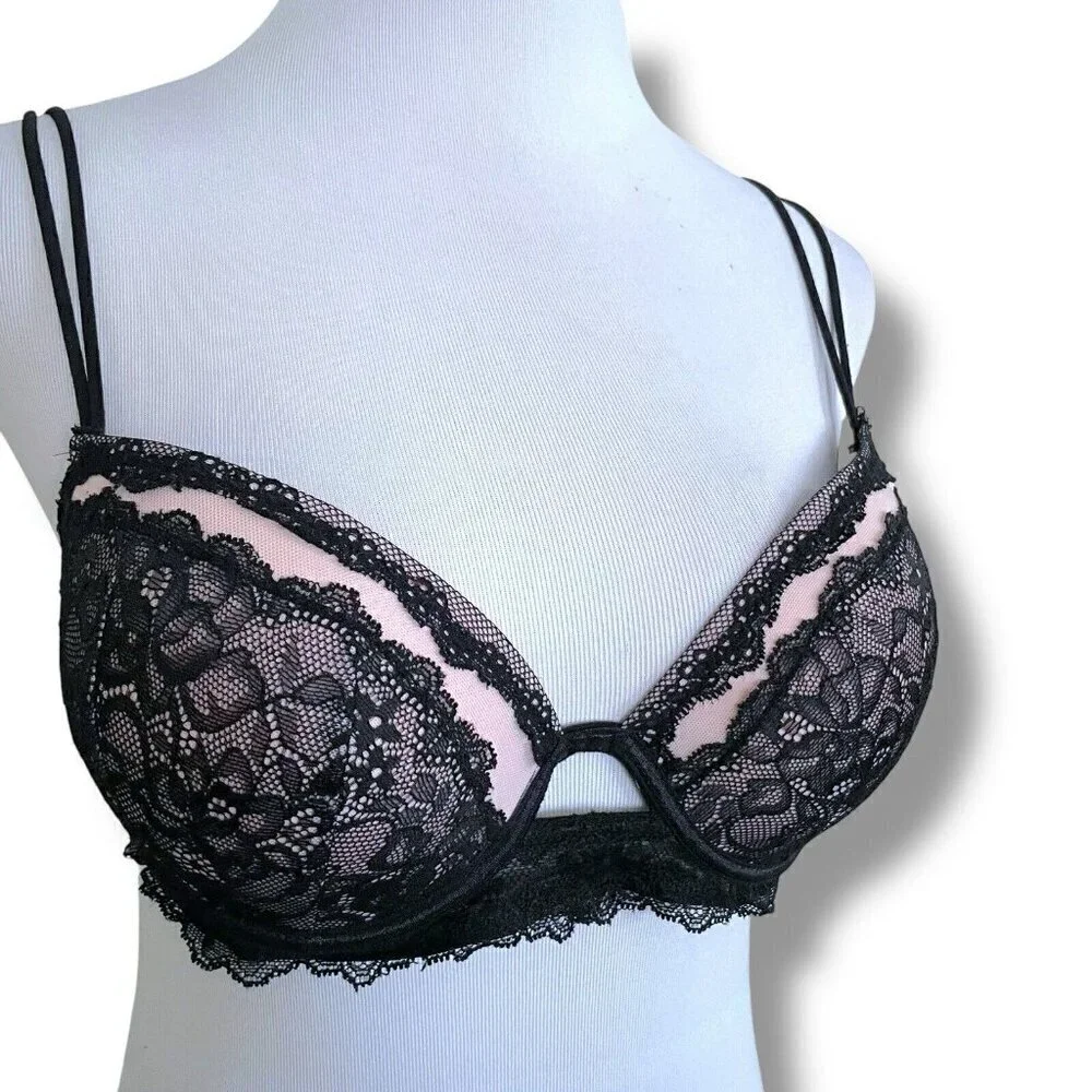 Jezebel 36B Bra Black Tan Illusion Lace Push Up Underwire Padded Lined